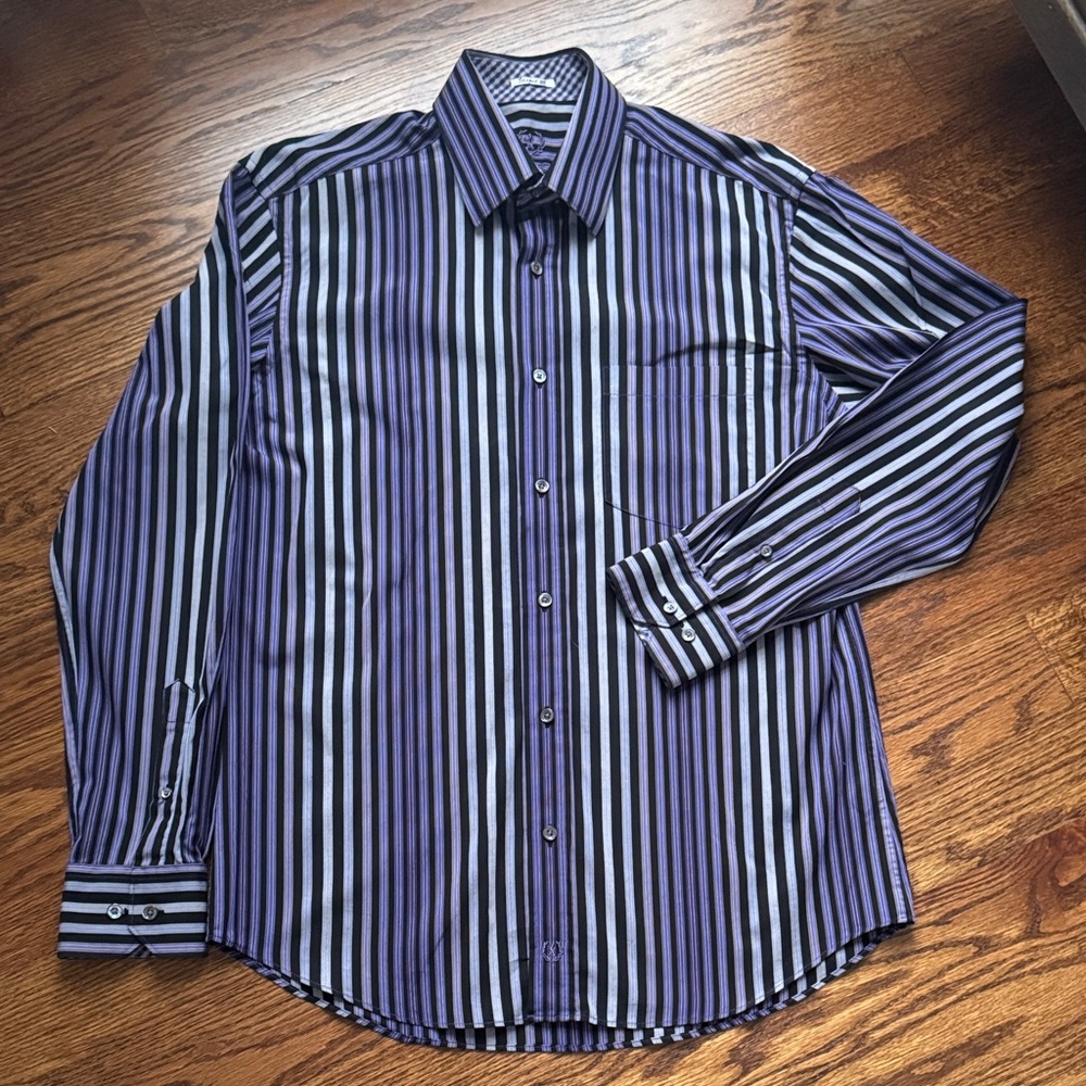 Bugatchi Purple and Black Vertical Stripe Dress Shirt M